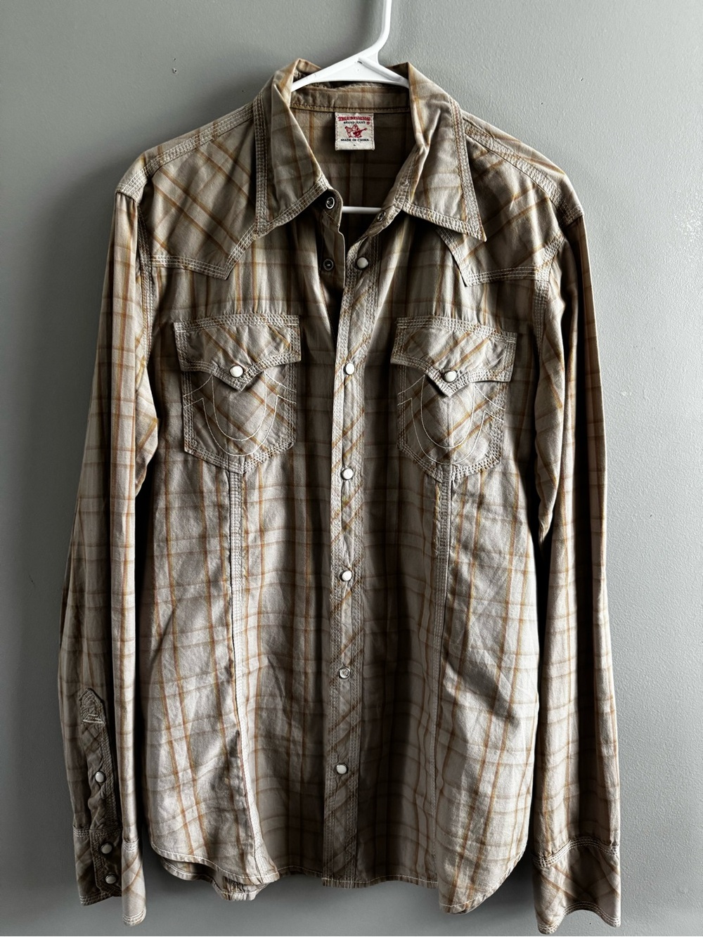 True Religion Plaid Button-Up Shirt in Beige and Light Brown